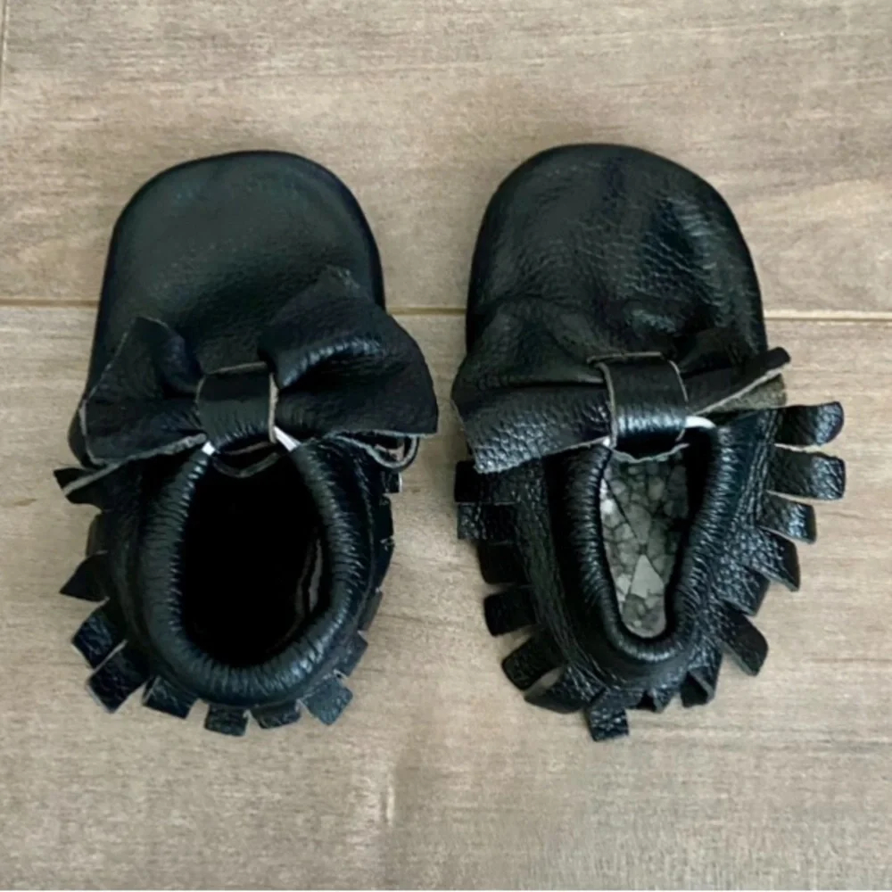 Leather Baby Moccasins with Tassels Crib Toddler Shoes in Black